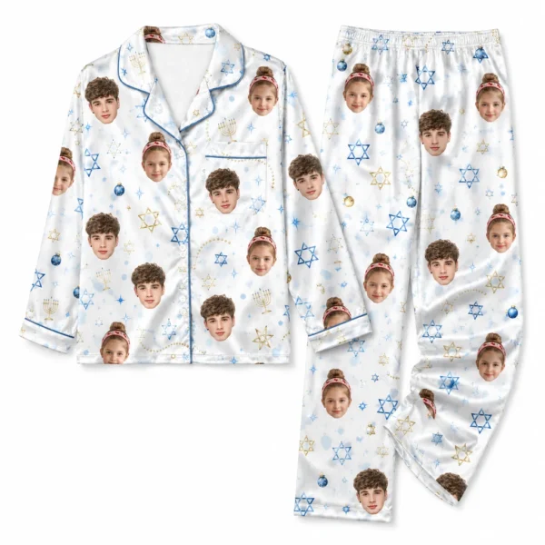 custom family photos white satin pajama set with hanukkah print