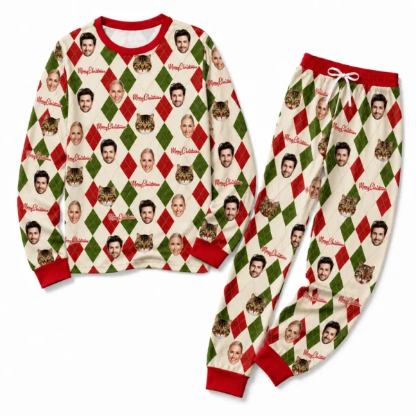 custom portrait photos beige cuffed pajama set with argyle plaid
