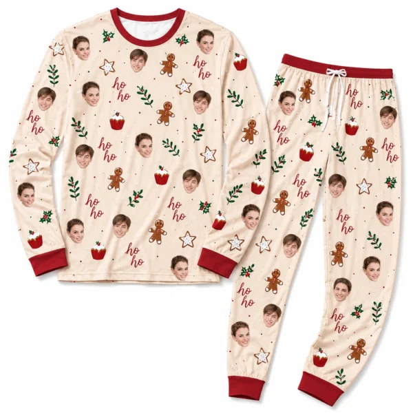 custom portrait photos beige cuffed pajama set with christmas print