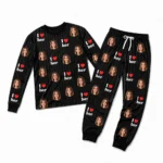 custom portrait photos black cuffed pajama set with striped print