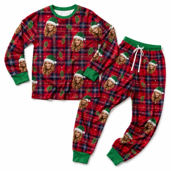 custom portrait photos cuffed pajama set with red tartan plaid