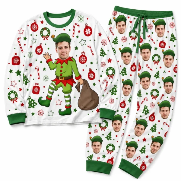 custom portrait photos cuffed pajama set with white green christmas print