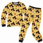 custom portrait photos cuffed pajama set with yellow pumpkin print