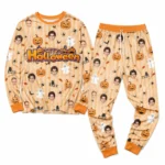 custom portrait photos orange cuffed pajama set with striped print