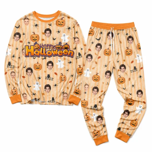 custom portrait photos orange cuffed pajama set with striped print