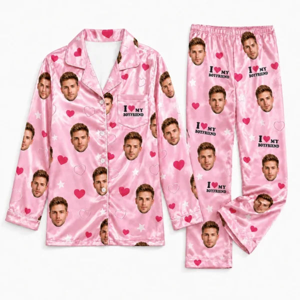custom portrait photos pink satin pajama set with heart print