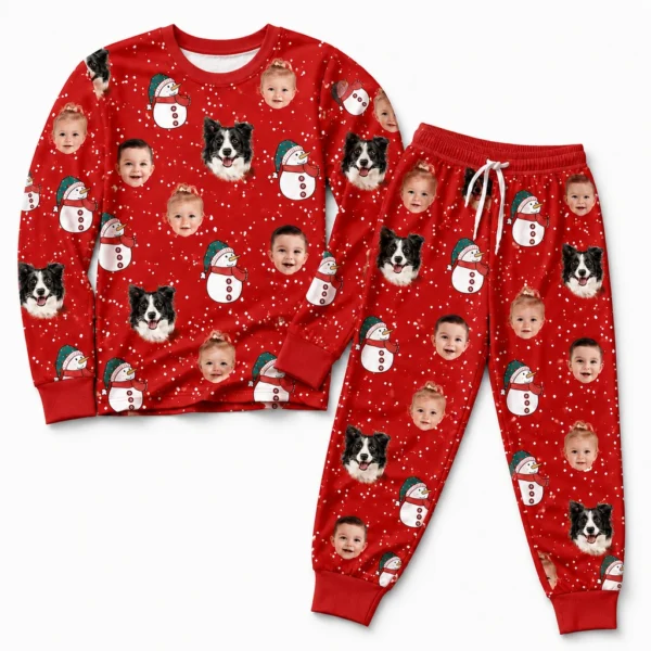 custom portrait photos red cuffed pajama set with snowman print