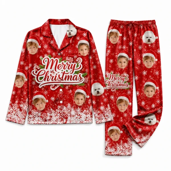 custom portrait photos red satin pajama set with christmas print