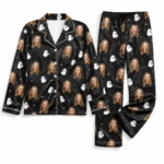 custom portrait photos satin pajama set with black ghost print