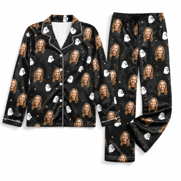 custom portrait photos satin pajama set with black ghost print