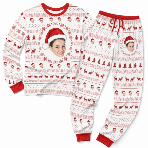 custom portrait photos white red cuffed pajama set with fair isle