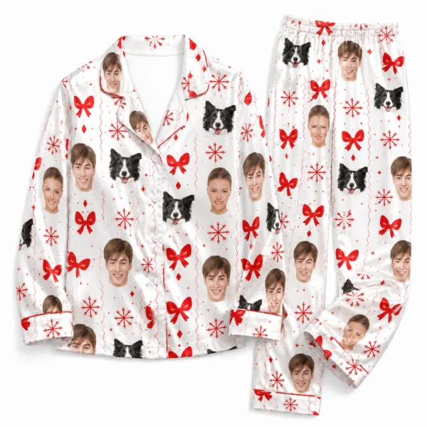 custom portrait photos white satin pajama set with christmas print