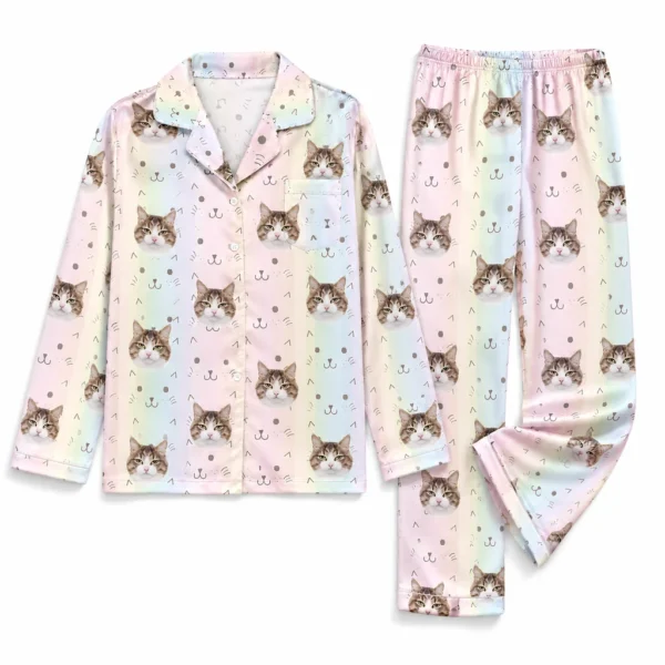 customized cat face pink satin pajama set with rainbow stripe
