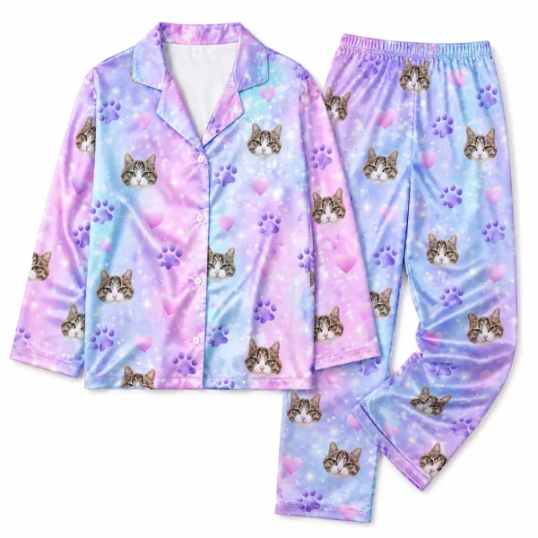 customized cat face purple satin pajama set with paw prints