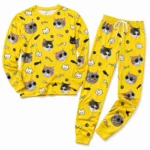customized cat face yellow cuffed pajama set with cat print