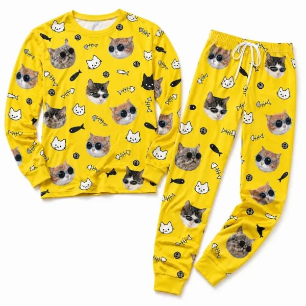 customized cat face yellow cuffed pajama set with cat print