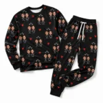 customized couple photos black cuffed pajama set with heart print