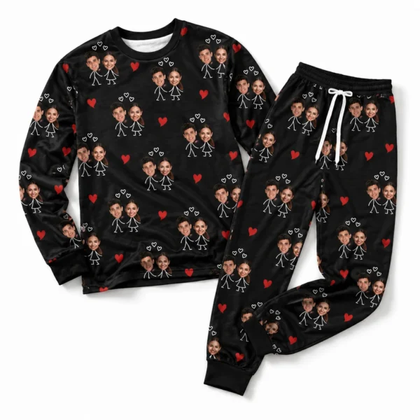 customized couple photos black cuffed pajama set with heart print