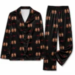 customized couple photos black satin pajama set with heart print