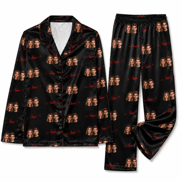 customized couple photos black satin pajama set with heart print