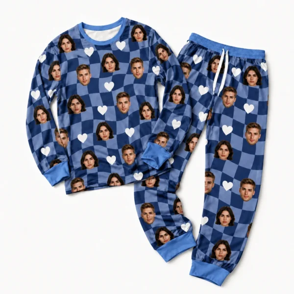 customized couple photos blue cuffed pajama set with checkerboard print