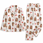 customized couple photos white satin pajama set with heart print
