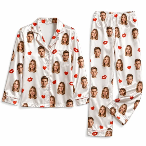 customized couple photos white satin pajama set with heart print