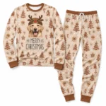customized dog face beige cuffed pajama set with christmas print