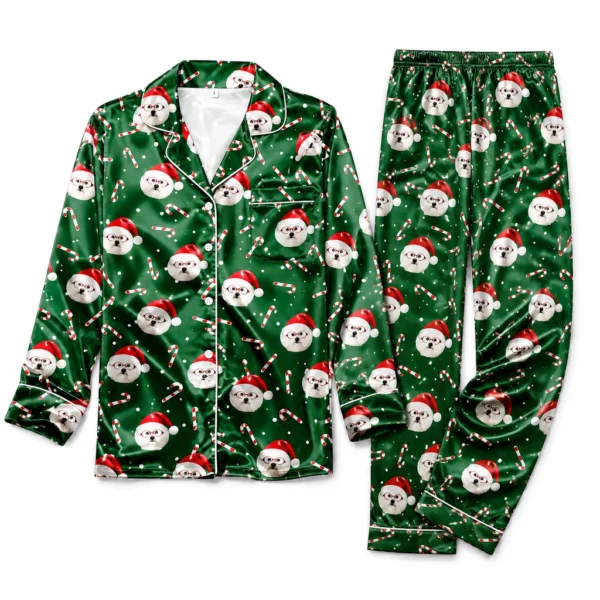 customized dog face green satin pajama set with candy cane