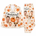 customized family photos beige orange satin pajama set with maple leaf