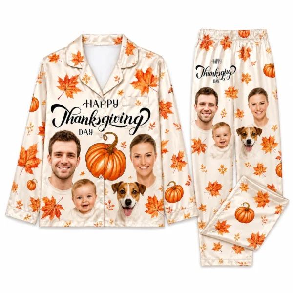 customized family photos beige orange satin pajama set with maple leaf
