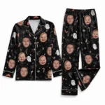 customized family photos black satin pajama set with ghost print