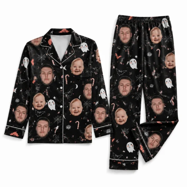 customized family photos black satin pajama set with ghost print