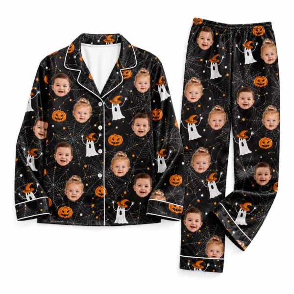 customized family photos black satin pajama set with spider web