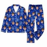 customized family photos blue satin pajama set with hanukkah print