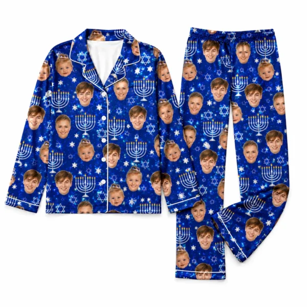 customized family photos blue satin pajama set with hanukkah print