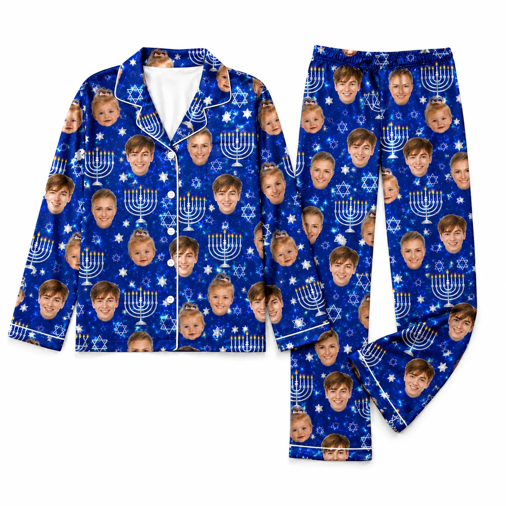 customized family photos blue satin pajama set with hanukkah print customized family photos blue satin pajama set with hanukkah print