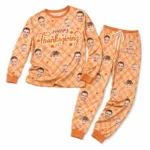 customized family photos orange cuffed pajama set with plaid print