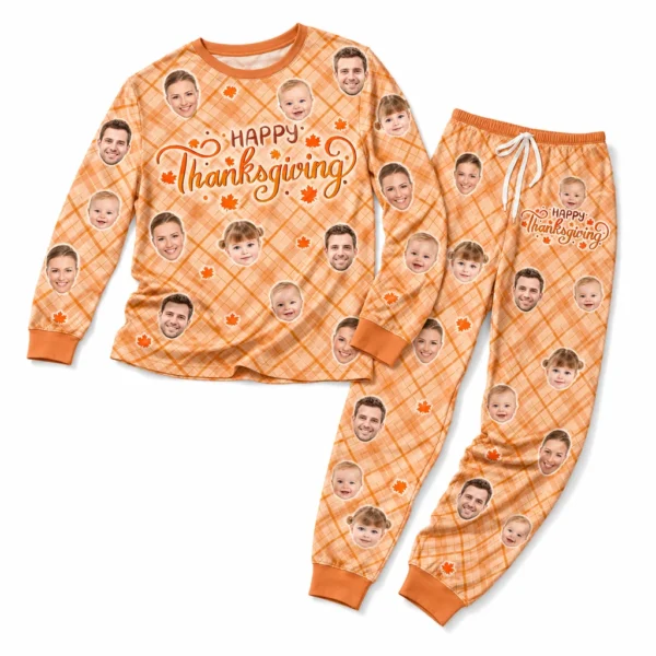 customized family photos orange cuffed pajama set with plaid print