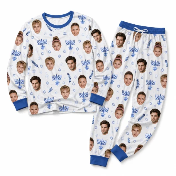 customized family photos white cuffed pajama set with hanukkah print