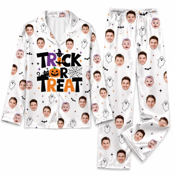 customized family photos white satin pajama set with ghost print