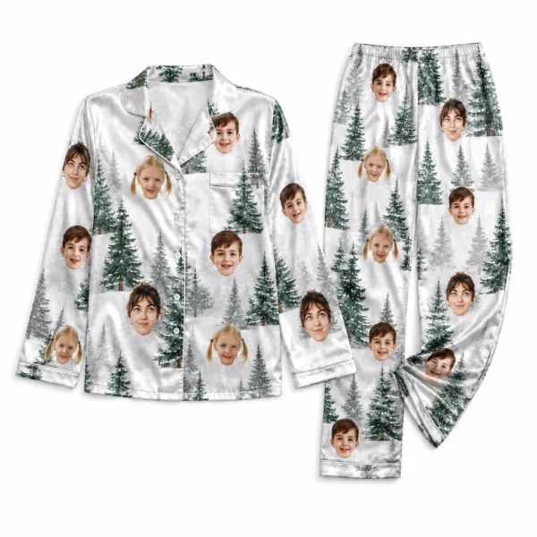 customized family photos white satin pajama set with pine tree