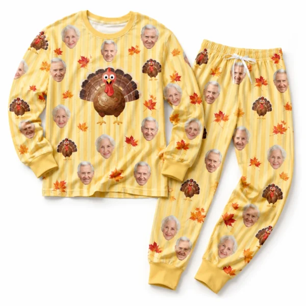 customized family photos yellow cuffed pajama set with striped print