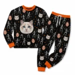 customized portrait photos black cuffed pajama set with skeleton print