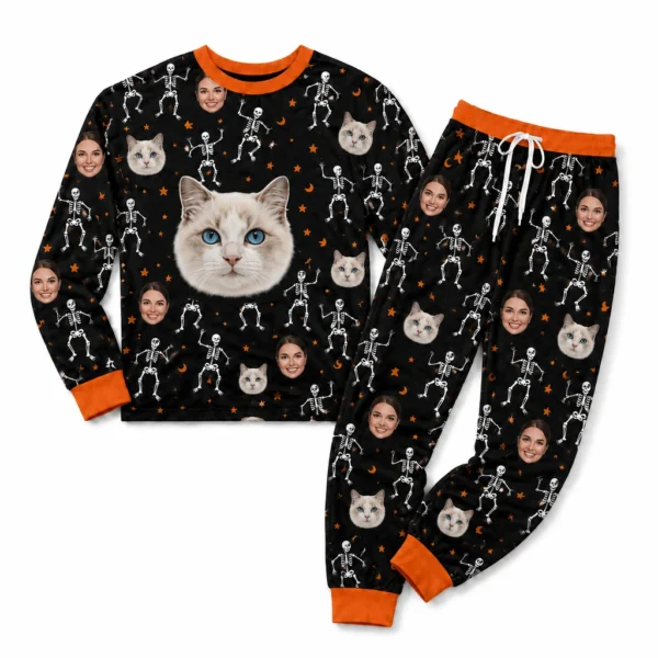 customized portrait photos black cuffed pajama set with skeleton print