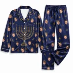 customized portrait photos blue satin pajama set with hanukkah print