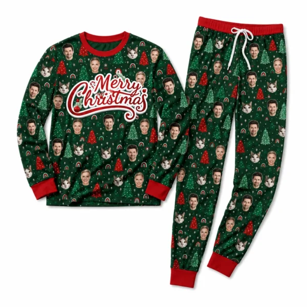 customized portrait photos green cuffed pajama set with christmas print