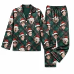 customized portrait photos green red satin pajama set with tartan plaid