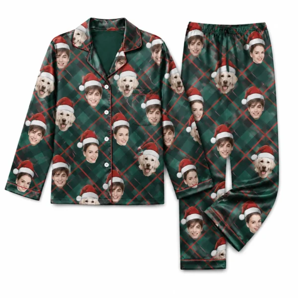 customized portrait photos green red satin pajama set with tartan plaid