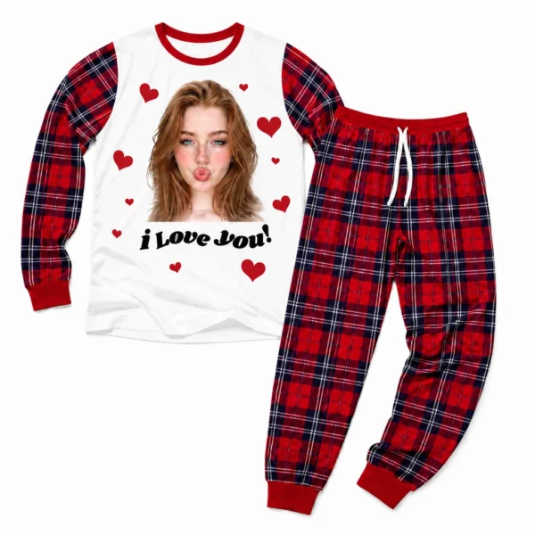 customized portrait photos red white cuffed pajama set with tartan plaid